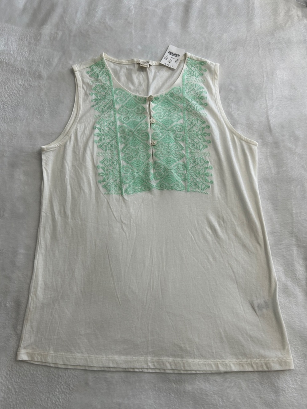 J Crew Cotton Cream Green Embroidered Tank Top Size Small Buttons NWT
